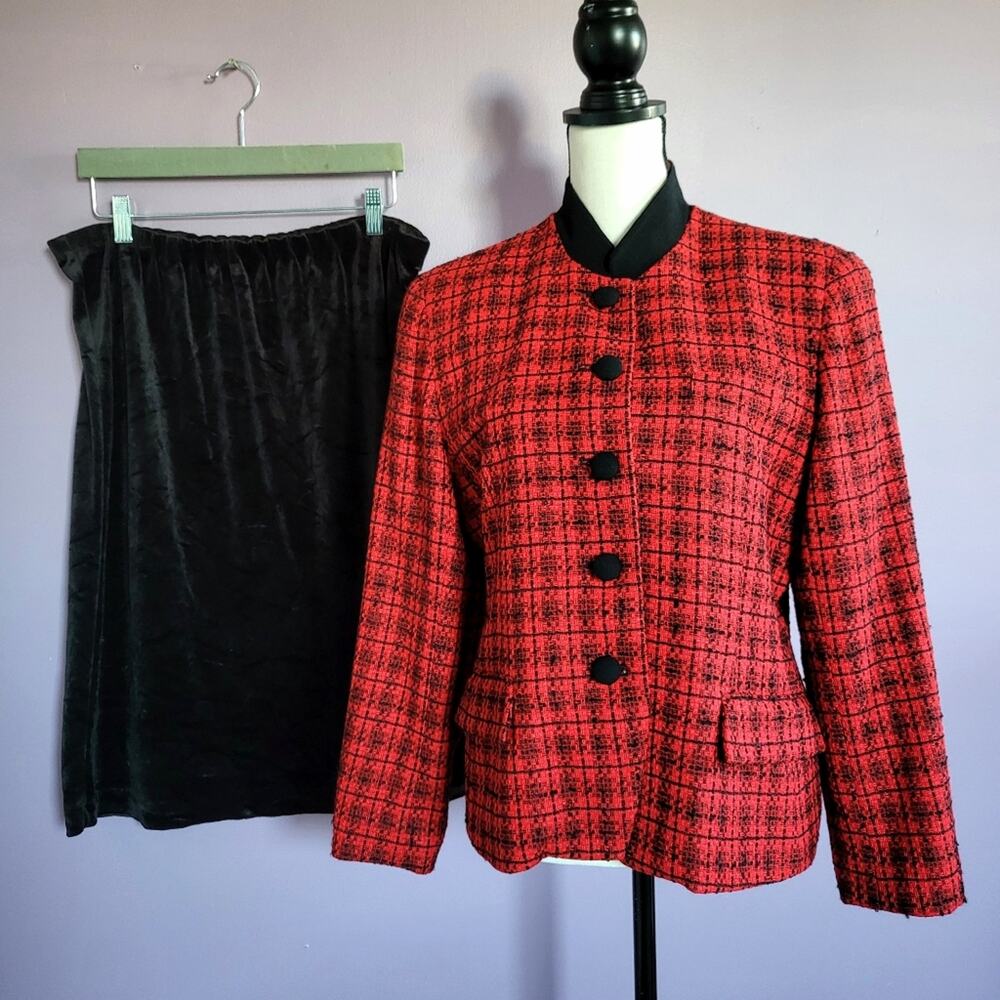 Vintage Saville Suit Petite Tweed Wool Blend Blazer & Adaptations Velvet Skirt